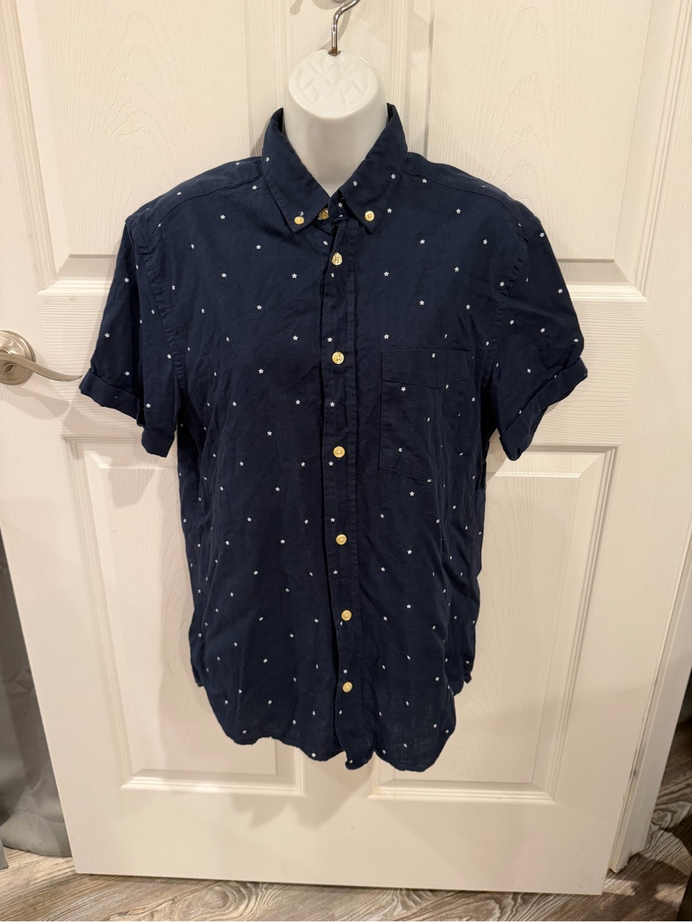 H&M Navy Short-Sleeve Button-Down with White Micro Dots